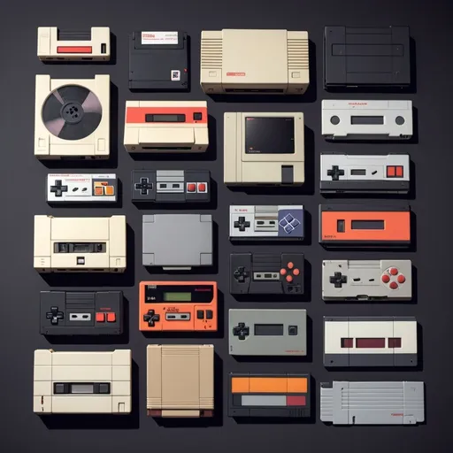 Prompt: Retro tech designs, like old-school gaming consoles and floppy disks.
 