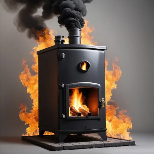 Prompt: create an image of a home oil furnace that is spewing black smoke and has flames coming out