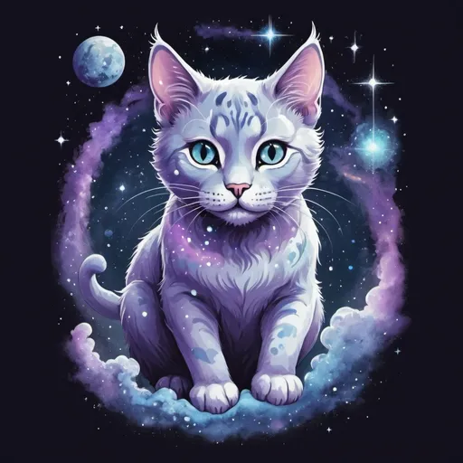 Prompt: A whimsical and cosmic-themed T-shirt design featuring a large, mystical cat floating in space. The cat is adorned with celestial elements like stars, moons, and galaxies within its fur. It has glowing, curious eyes and is surrounded by swirling nebulas and shimmering cosmic dust. Use a color palette of deep blues, purples, and hints of silver to create an ethereal, dreamlike atmosphere.