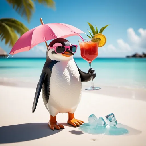 Prompt: {
  "prompt": "A whimsical scene featuring a penguin with large green leaves instead of arms, giving it a playful and unique appearance. The penguin has wooden feet and is wearing stylish Ray-Ban sunglasses. It is standing on a small chunk of ice floating in the crystal-clear turquoise waters of a Maldives beach. The penguin is holding a Bloody Mary cocktail with an umbrella stick and a pink straw, adding a tropical vibe to the image. The beach is bathed in bright sunlight, with soft white sand and palm trees in the background, enhancing the exotic, surreal atmosphere.",
  "size": "1024x1024"
}