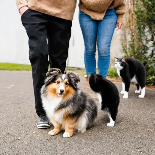 Prompt: Man and woman go and buy a sheltie puppy. A black and white cat is standing in the background watching