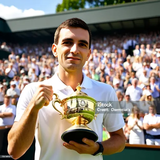 Prompt: a young and handsome tennis champion is holding a Wimbledon champion's cup at Wimbledon court, crowd cheering, sunny day, happy atmosphere