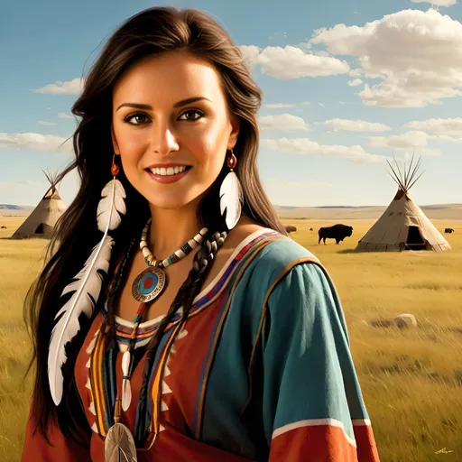 Prompt: (Native American girl), standing confidently in traditional clothing, adorned with a feather in her hair, vibrant colors of her attire contrasting against the earthy tones of the prairie. (Sunny day) illuminating the scene, creating a warm and inviting atmosphere. In the background, (Native American tupi tents) dot the landscape, while majestic (buffalos) graze peacefully, enhancing the serene ambiance. (High detail, ultra-detailed) capture of this cultural representation.