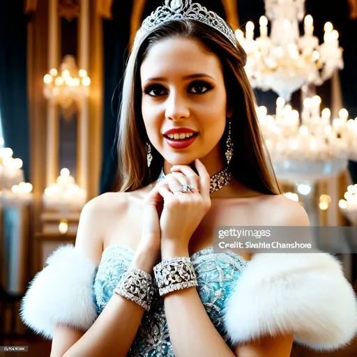 Prompt: A young and beautiful princess with blue eyes in a luxurious ballroom, wearing diamond tiara and diamond jewelry and bracelet, chandeliers, palace atmosphere