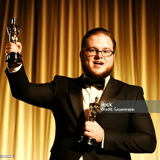 Prompt: (ultra-detailed) happy man holding an Oscar, animated audience cheering with joy, grand celebration atmosphere, vibrant stage lights illuminating the scene, glamorous theatre backdrop, elegant attire, expressive faces in excitement, warm golden tones filling the air, cinematic presentation, emotional ambiance of triumph and jubilation, 4K quality