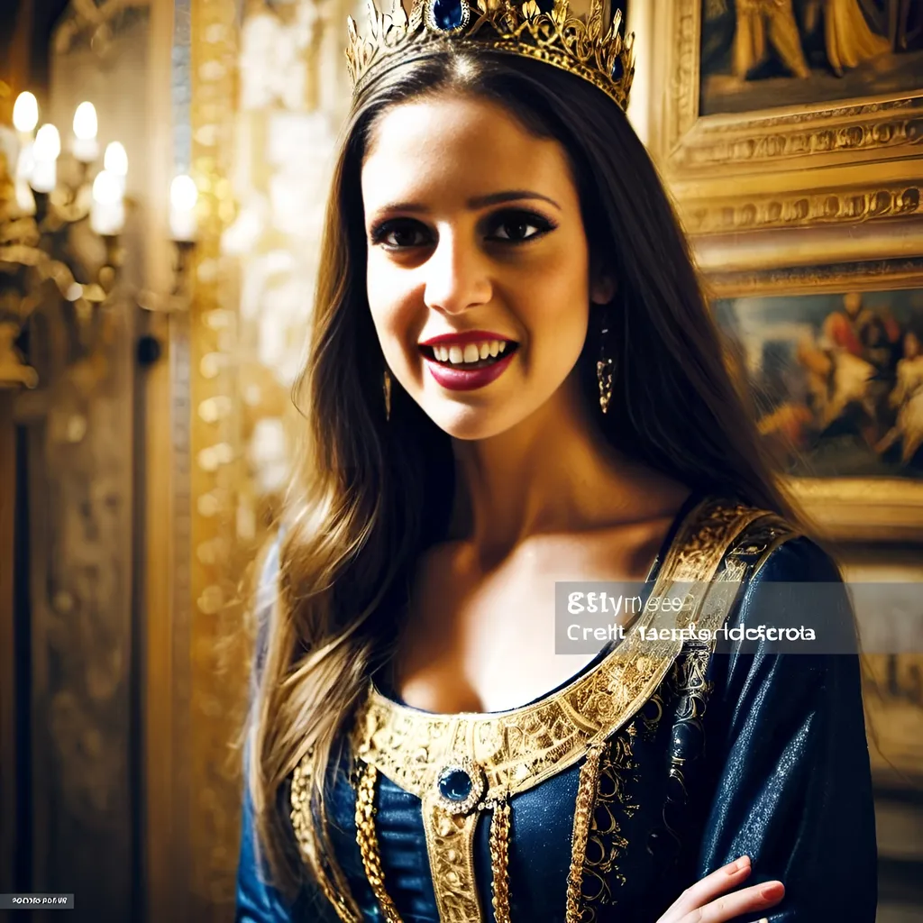 Prompt: beautiful French queen with blue eyes wearing golden crown with diamonds is smiling and standing in the castle hall, tapestries on the wall, medieval atmosphere, majestic