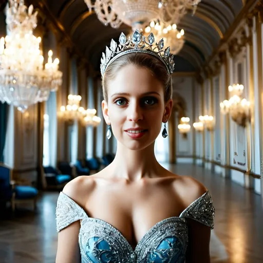 Prompt: A young and beautiful princess with blue eyes in a luxurious ballroom, wearing diamond tiara and diamond jewelry, chandeliers, palace atmosphere