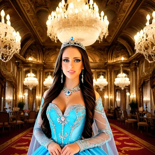 Prompt: (princess with blue eyes), elegant luxurious ballroom, diamond tiara, sparkling diamond jewelry, ornate chandeliers illuminating the scene, opulent palace atmosphere, soft warm lighting, regal attire flowing gracefully, exquisite details showcasing wealth and beauty, enchanting ambiance, ultra-detailed, high-resolution, vibrant colors highlighting grandeur.