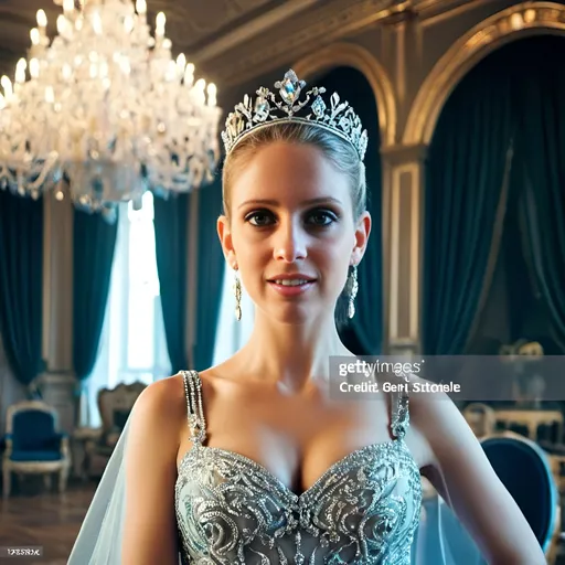 Prompt: A young and beautiful princess with blue eyes in a luxurious ballroom, wearing diamond tiara and diamond jewelry and bracelet, chandeliers, palace atmosphere