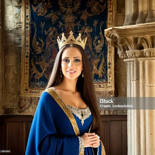 Prompt: beautiful French queen with blue eyes wearing golden crown with diamonds is smiling and standing in the castle hall, tapestries on the wall, medieval atmosphere, majestic