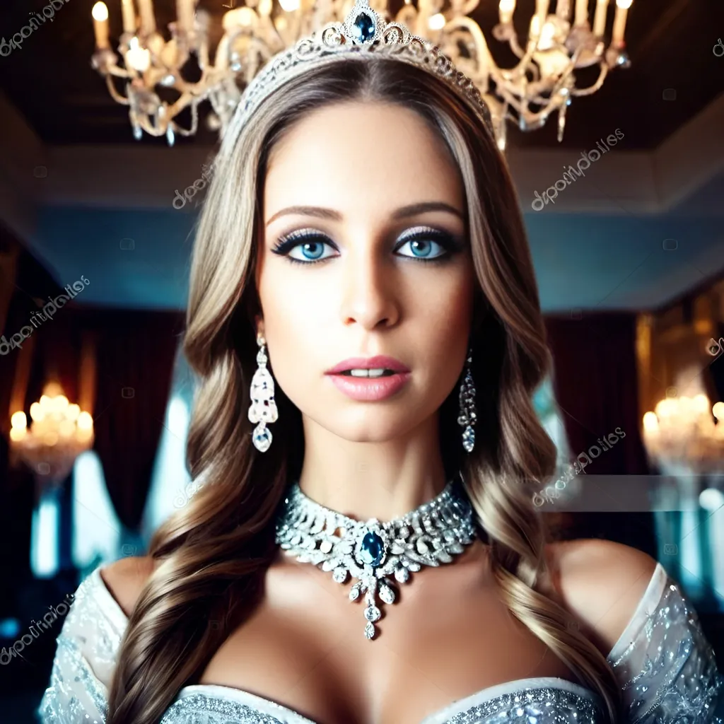 Prompt: A young and beautiful princess with blue eyes in a luxurious ballroom, wearing diamond tiara and diamond jewelry, chandeliers, palace atmosphere