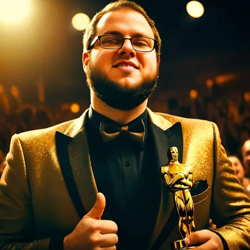 Prompt: (ultra-detailed) happy man holding an Oscar, animated audience cheering with joy, grand celebration atmosphere, vibrant stage lights illuminating the scene, glamorous theatre backdrop, elegant attire, expressive faces in excitement, warm golden tones filling the air, cinematic presentation, emotional ambiance of triumph and jubilation, 4K quality