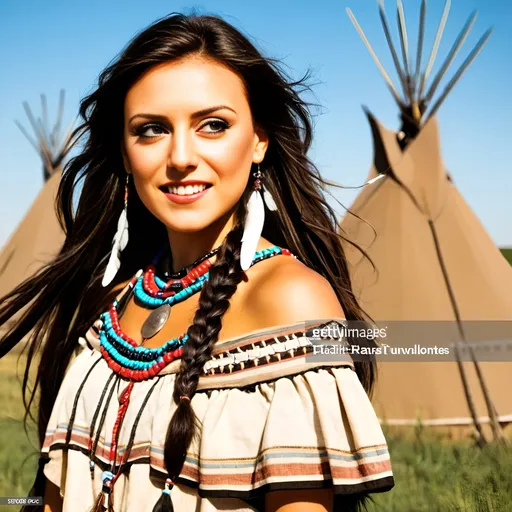 Prompt: a young and beautiful Native American girl with feather in her hair, wearing Native American clothes, standing in front of Native American tupi tents, prairie, sunny day, buffalos