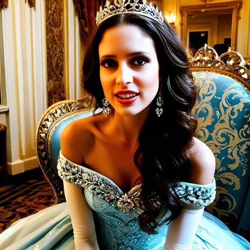 Prompt: A young and beautiful elegant princess with blue eyes in a luxurious ballroom, sparkling jewelry, majestic gown with intricate details, ornate throne, regal crown, royal atmosphere, high fashion, fine art, opulent lighting, high quality, glamorous, luxurious, detailed fabrics, royal, majestic, elegant pose, aristocratic, grandeur, elaborate jewelry, formal attire, sophisticated, extravagant, opulence, grand ballroom setting, refined beauty