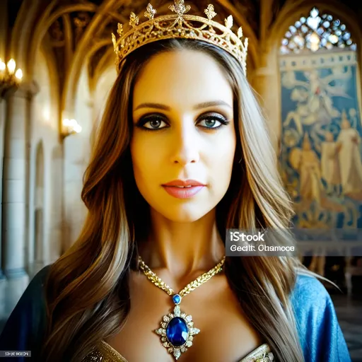 Prompt: beautiful French queen with blue eyes wearing golden crown with diamonds is smiling and standing in the castle hall, tapestries on the wall, medieval atmosphere, majestic