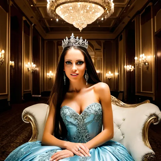 Prompt: A young and beautiful elegant princess with blue eyes in a luxurious ballroom, sparkling jewelry, majestic gown with intricate details, ornate throne, regal crown, royal atmosphere, high fashion, fine art, opulent lighting, high quality, glamorous, luxurious, detailed fabrics, royal, majestic, elegant pose, aristocratic, grandeur, elaborate jewelry, formal attire, sophisticated, extravagant, opulence, grand ballroom setting, refined beauty