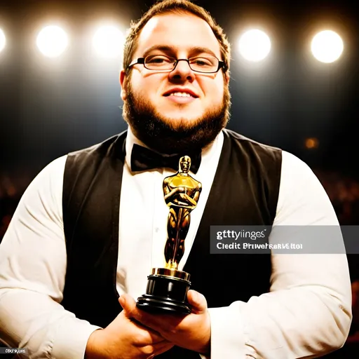 Prompt: a happy man is holding an Oscar at Oscar winning ceremony audience cheering, celebration, stage lights, theatre