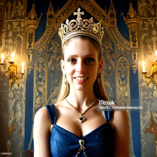 Prompt: beautiful French queen with blue eyes wearing golden crown with diamonds is smiling and standing in the castle hall, tapestries on the wall, medieval atmosphere, majestic