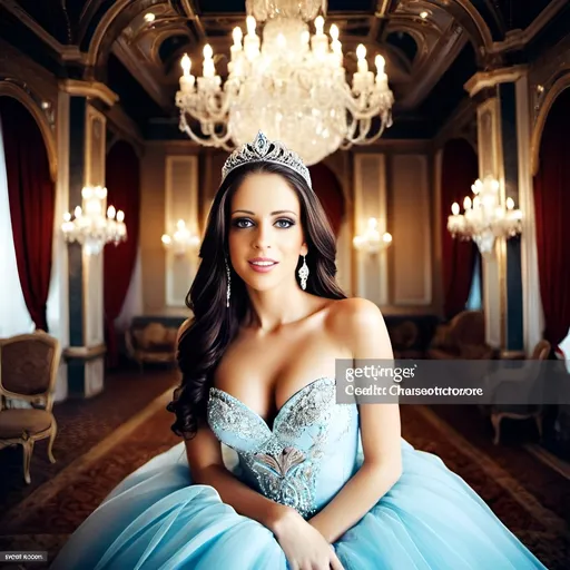 Prompt: A young and beautiful princess with blue eyes in a luxurious ballroom, wearing diamond tiara and diamond jewelry, chandeliers, palace atmosphere