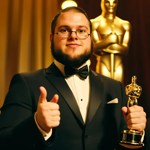 Prompt: (ultra-detailed) happy man holding an Oscar, animated audience cheering with joy, grand celebration atmosphere, vibrant stage lights illuminating the scene, glamorous theatre backdrop, elegant attire, expressive faces in excitement, warm golden tones filling the air, cinematic presentation, emotional ambiance of triumph and jubilation, 4K quality