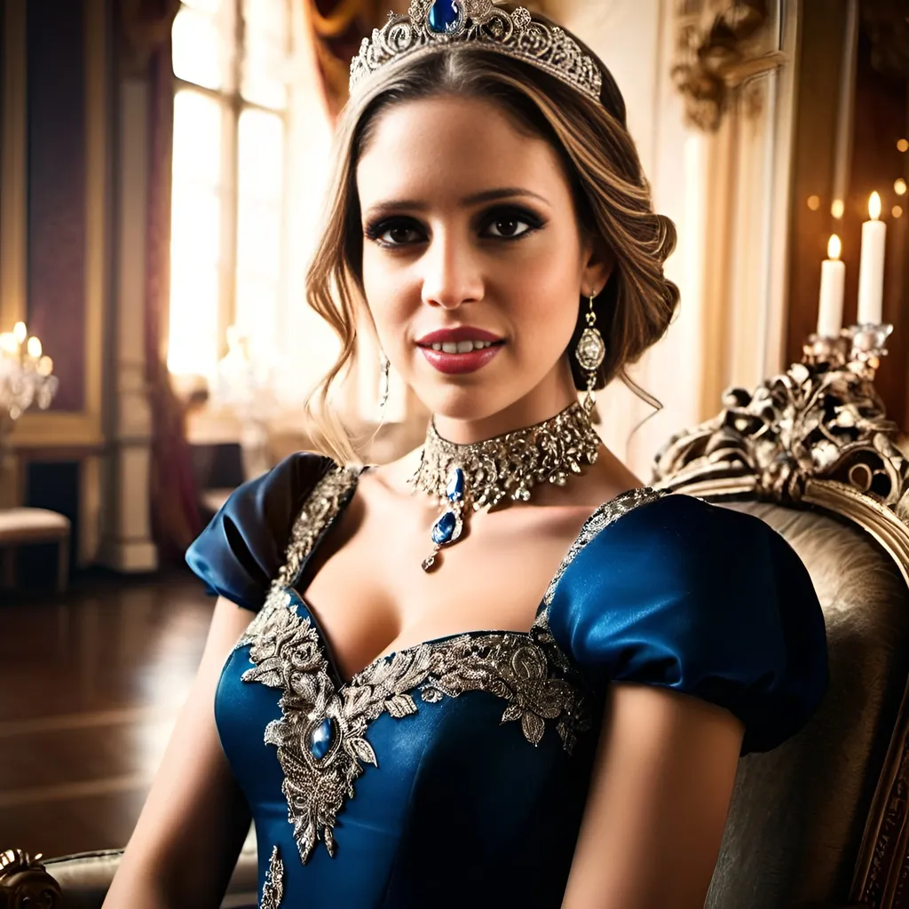 Prompt: A young and beautiful elegant princess with bright blue eyes and light hair in a luxurious ballroom, sparkling jewelry, majestic gown with intricate details, ornate throne, regal crown, royal atmosphere, high fashion, fine art, opulent lighting, high quality, glamorous, luxurious, detailed fabrics, royal, majestic, elegant pose, aristocratic, grandeur, elaborate jewelry, formal attire, sophisticated, extravagant, opulence, grand ballroom setting, refined beauty