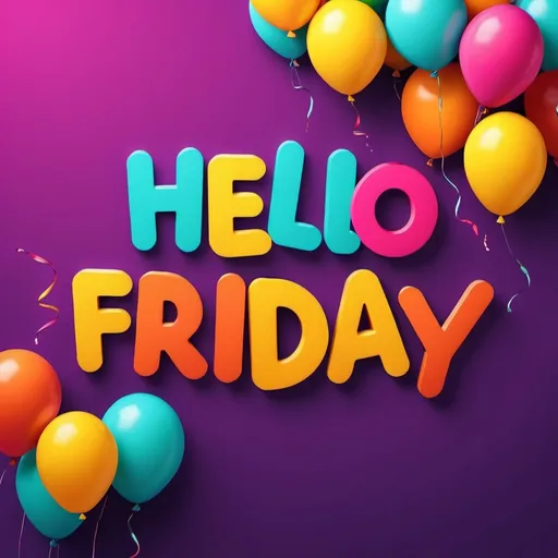 Prompt: (accurately spelled text "Hello Friday"), vibrant colors, cheerful ambiance, artistic typography, modern design, upbeat and lively atmosphere, dynamic abstract background, celebration theme, exciting visual elements, engaging and welcoming, high-quality, minimalist style, playful and fun composition, potential for a motivational graphic, fit for social media sharing. Correct Spelling 