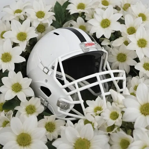 Prompt: white flowers surrounding a football helmet