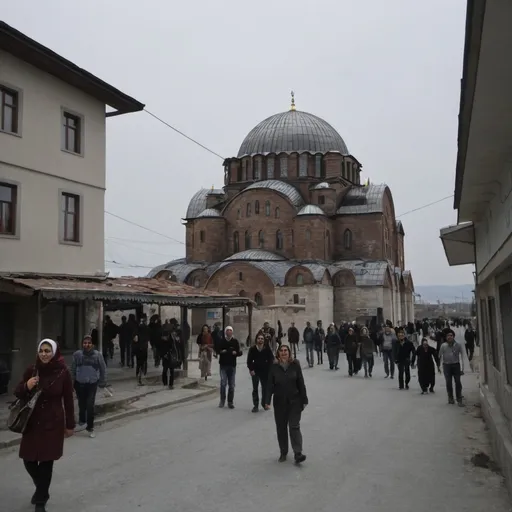 Prompt: Yağmurlu bir havada yürüyen anne oğul. Sokakta kimse yok. Hüzünlü bir atmosfer.