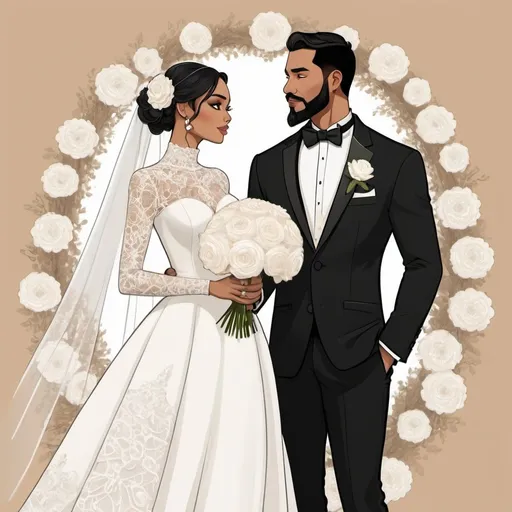 Prompt: A tan skin bride with black  hair  wearing a elegant very big white ball grown lace turtle neck and long  sleeves and holding a big white flowers bouquet standing romantically next to a tan skin groom with light goatee beard wearing a black tuxedo and both bride and groom look romantically and elegantly at each other full body illustration 