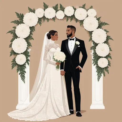 Prompt: A tan skin bride  wearing a elegant  big white ball grown lace turtle neck and long  sleeves and  holding a big white flowers bouquet standing romantically next to a tan skin groom with light goatee beard wearing a black tuxedo and both bride and groom look romantically and elegantly at each other full body illustration 