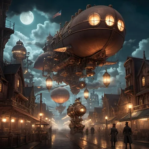 Prompt: A steampunk city at night, with towering mechanical structures, airships floating among the clouds, and streets lit by glowing, gas-powered lamps.

