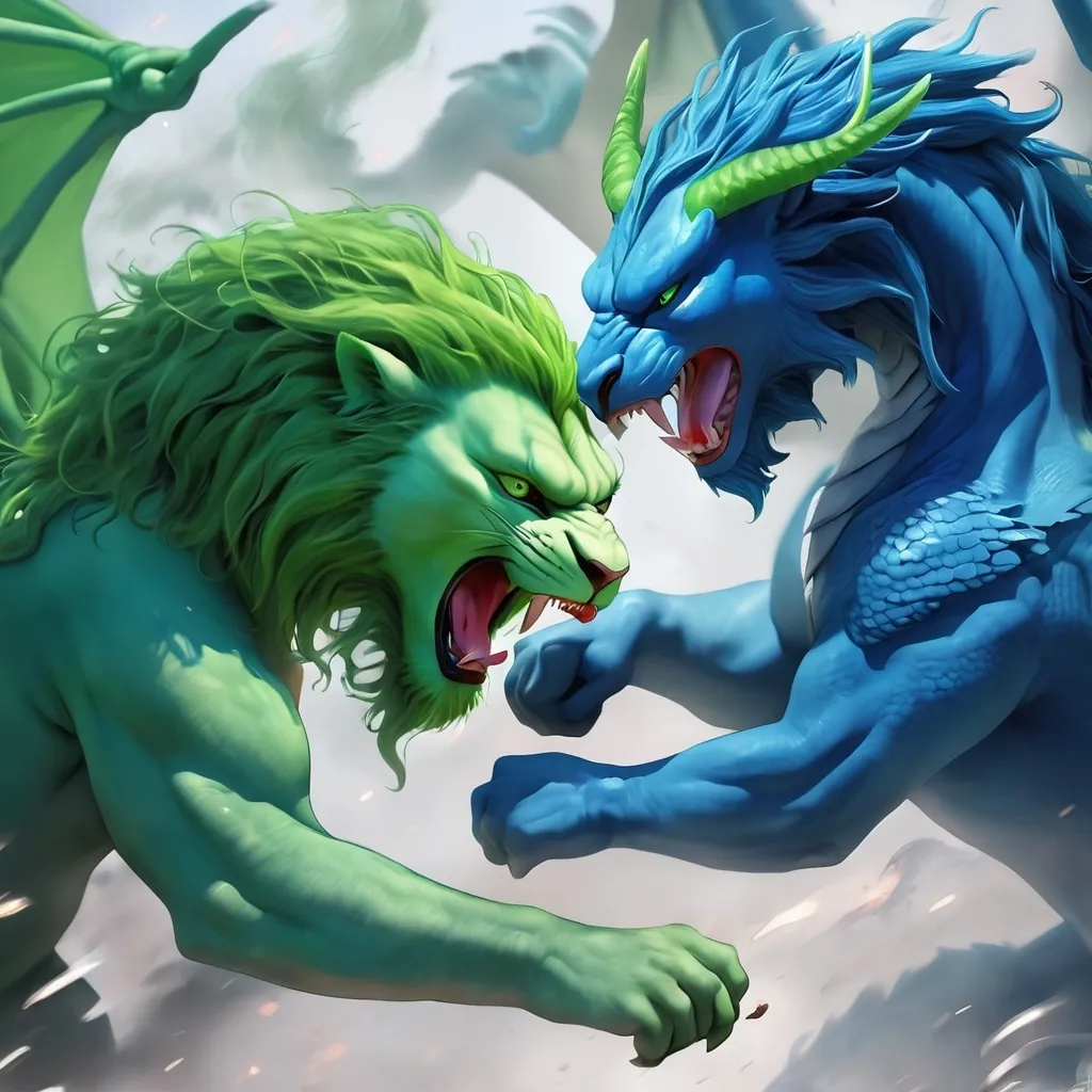 Prompt: Green lion challenging a blue dragon 