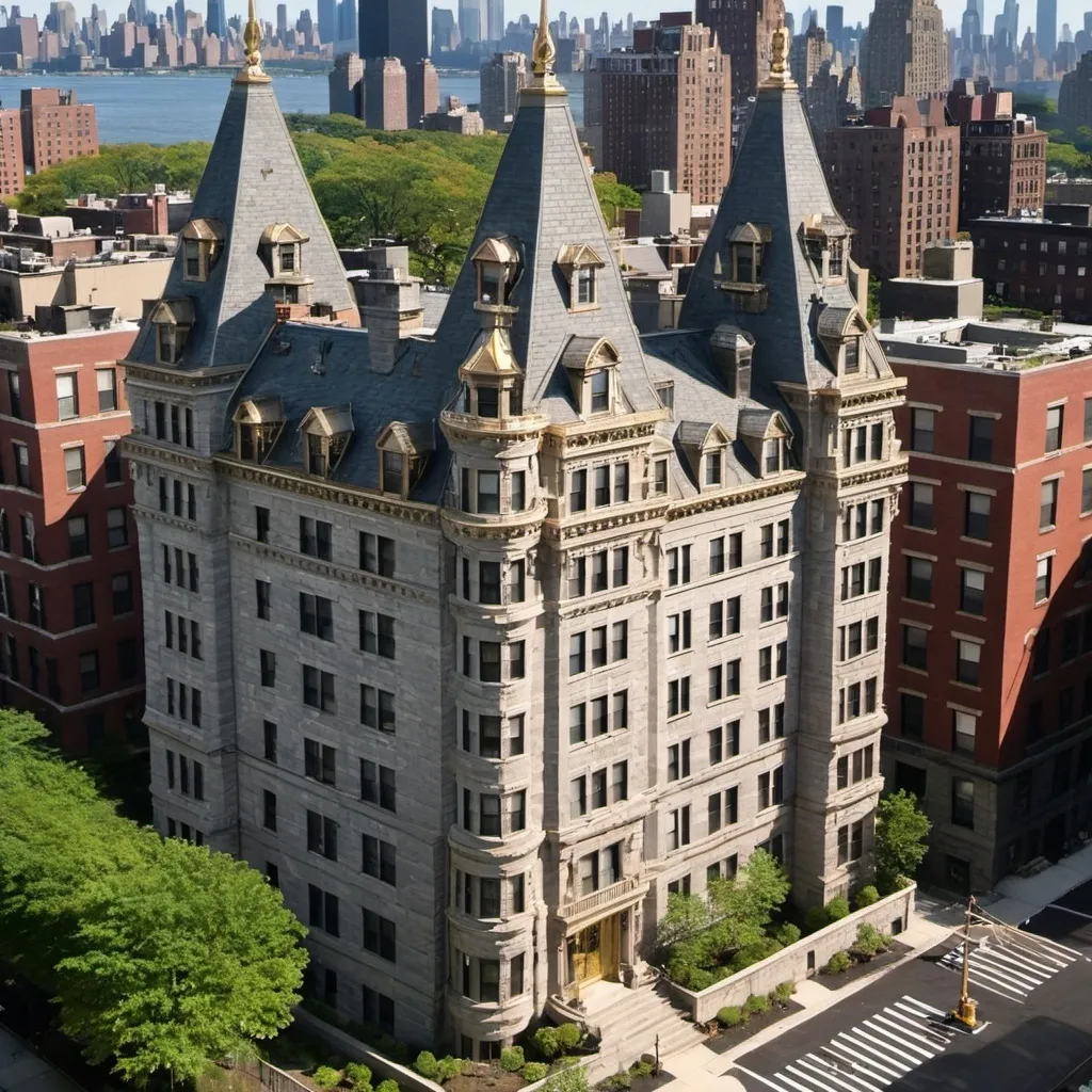 Prompt: Exterior of grey stone Gilded Age New York apartment building with turrets, slate roof and 14 stories tall