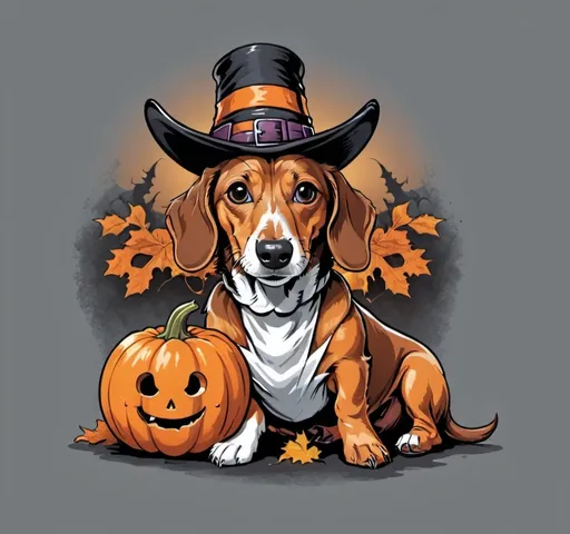 Prompt: dachshund dog wear a ghost cover laying down and hold the the pumpkin bucket by mouth 