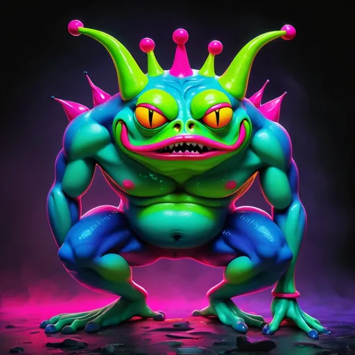 Prompt: an evil angry Frog with horns, Picasso style, in neon colours, show his full body in a standing position
