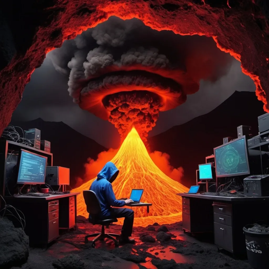 Prompt: hacker inside volcano secret lab