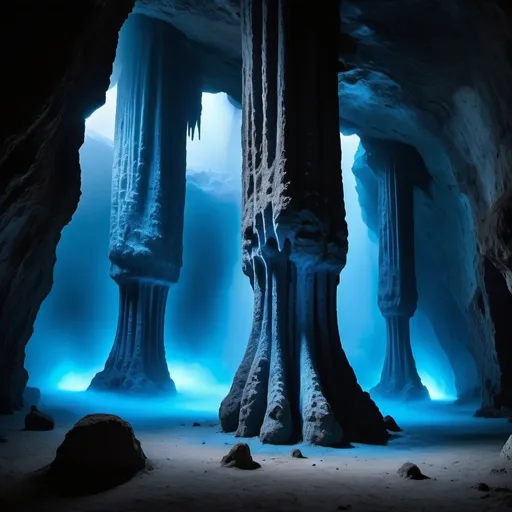 Prompt: Limestone stalagmites with blue glowing black holes on the top of them in a large cavern where the top of it is obscured by blue mist or fog in the center of the cavern there is a floating runic inscription in blue that is glowing with blue fog or mist around it