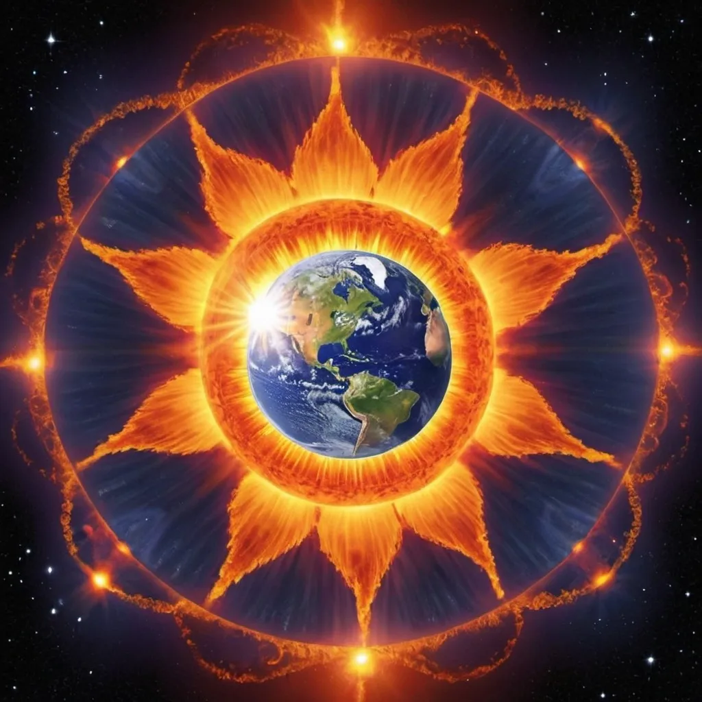 Prompt: Through the power of our collective perspective, we harmonize with the Earth's core by attuning its magnetic field to resonate with the sun's frequencies. In this sacred alignment, solar flares transform into waves of healing energy, nurturing our spirits and connecting us with our higher selves. We bend reality with intention, ensuring that all life on Earth thrives in peace, balance, and unity.  All shift happily now.