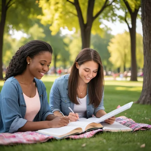 Prompt: Glowing Proverbs 31 women studying in the park

