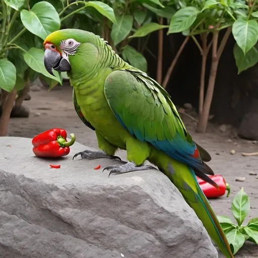 Prompt: A green parrot sitting on a rock eating red pepper on the ground with a bush, bholkar sri hari, samekshad, green, a picture