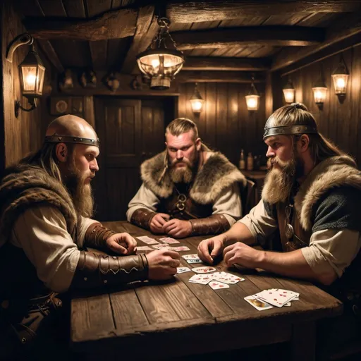 Prompt: Viking men in an old style viking pub, playing cards on a table, very detailed room, dim lights