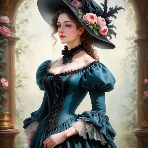 Prompt:  painting of a woman in a dress and hat of the Victorian era, in the style of the 1850s, beautiful fantasy painting, romantic painting, fantasy style, elegant oil painting, elegant and exquisite painting, very beautiful fantasy painting, detailed 3d Gothic romantic era, painting