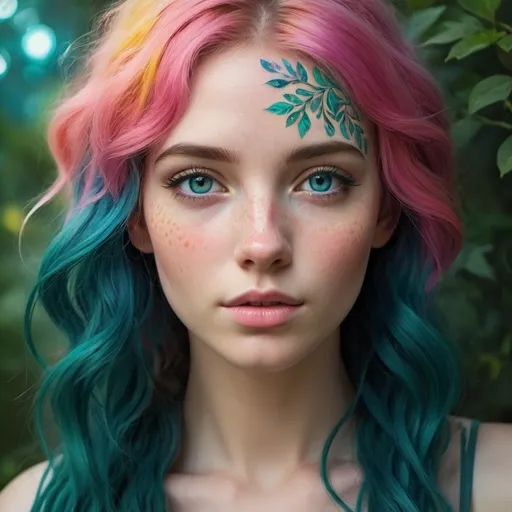 Prompt: Generate an image of a young woman with vibrant, multicolored hair, blending shades of teal, pink, and yellow. Her delicate face is adorned with intricate, nature-inspired makeup, featuring freckles and organic patterns that extend across her cheek. She gazes with striking, expressive blue eyes, framed by her soft, wavy hair. The atmosphere around her is dreamlike, with soft lighting that enhances the ethereal and magical vibe. The background features glowing orbs of light, giving the scene a sense of mystery and fantasy.