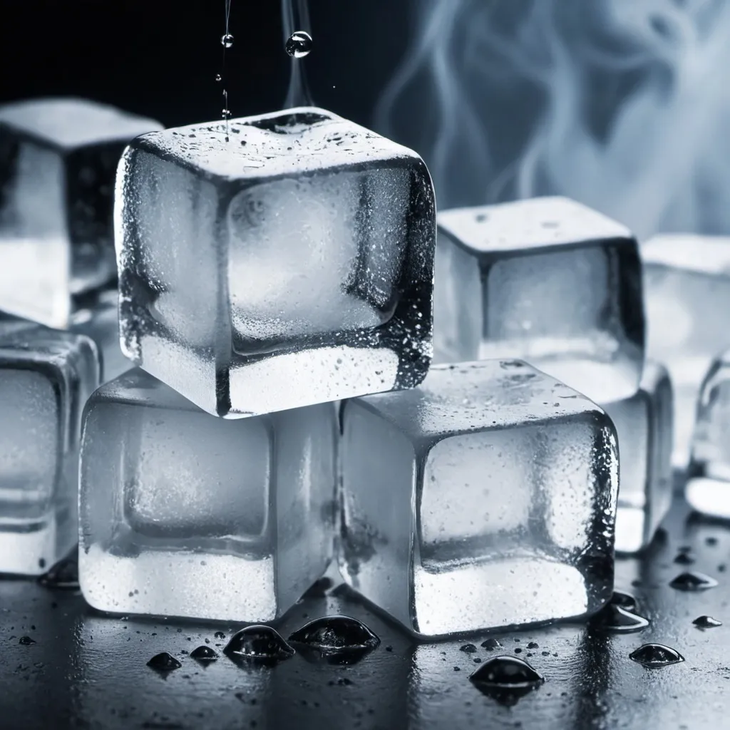 Prompt:  ice cubes with the steam evaporating and drops melting