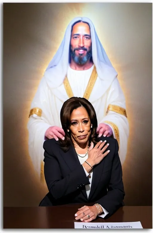 Prompt: Jesus standing behind Kamala Harris. He places his right hand on her right shoulder and his left hand on her left shoulder.