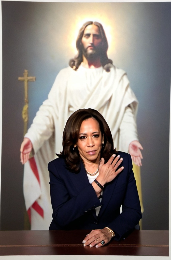 Prompt: Photo of Kamala Harris, with Jesus standing behind her and his hands on her shoulders