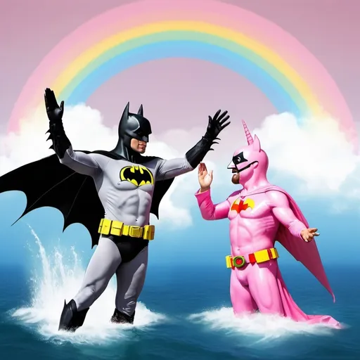 Prompt: batman and jesus high fiving under a rainbow. there are dolphins aswell. the sky is pink and full of unicorns