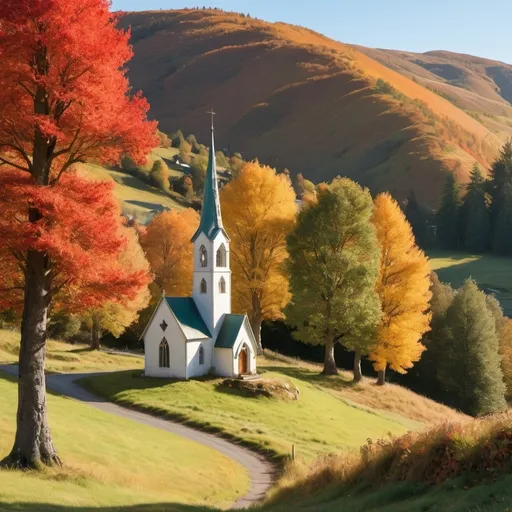 Prompt: The trees are the tallest in the land.  There are gnomes in this photo.  They're playing hide and seek.  There is an old Hobbit like church and the autumn colors are spectacular and the rolling hills and landscape is stunning, captivating and sparkles in the cool season sunlight.