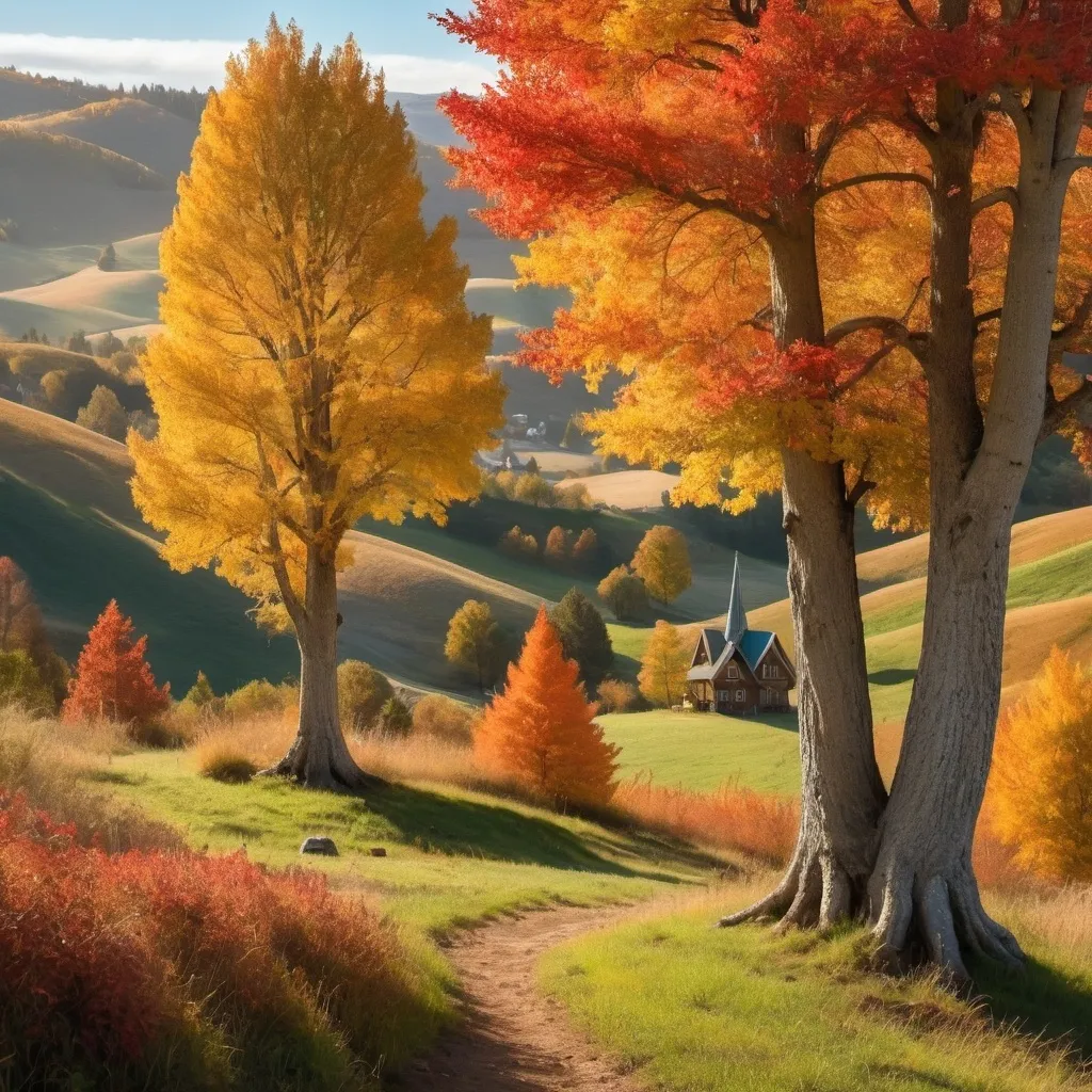 Prompt: The trees are the tallest in the land.  There are hidden gnomes in this photo.  They are playing hide and seek.  The autumn colors are spectacular and the rolling hills and landscape is stunning, captivating and sparkles in the cool season sunlight.