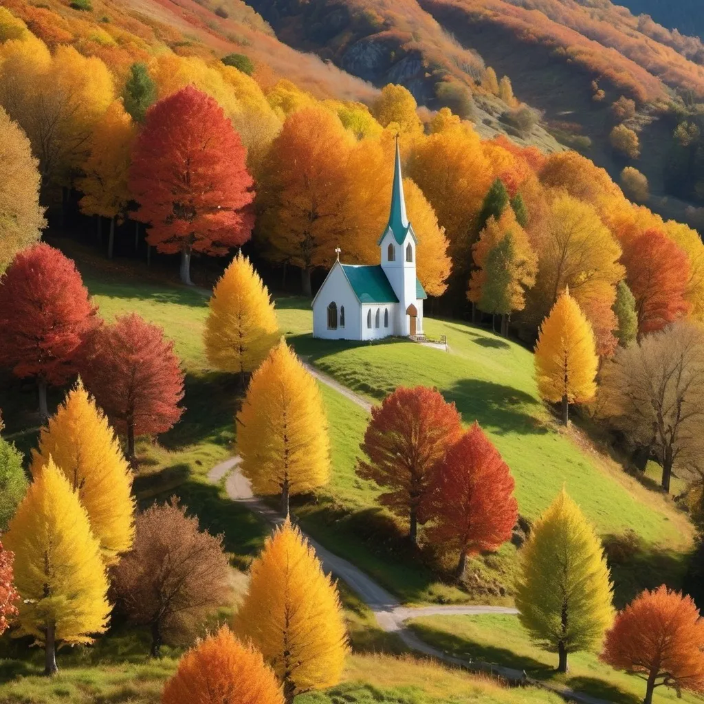 Prompt: The trees are the tallest in the land.  They're playing hide and seek.  There is a tiny old Hobbit like church and the autumn colors are spectacular and the rolling hills and landscape is stunning, captivating and sparkles in the cool season sunlight.  I want to see 4 real gnome faces with hats
